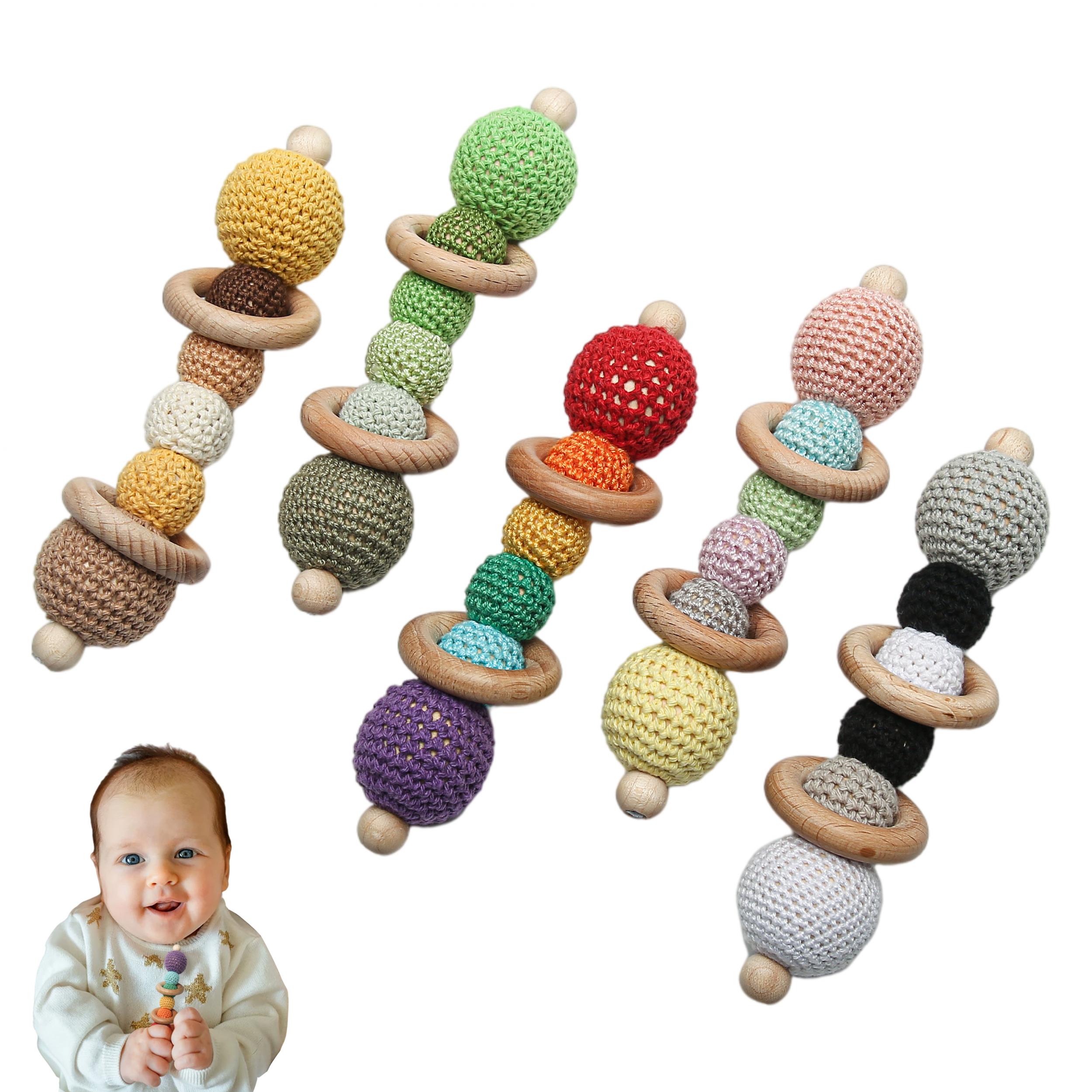 Wooden Rattle Baby Teether with Crochet Beads and Rings